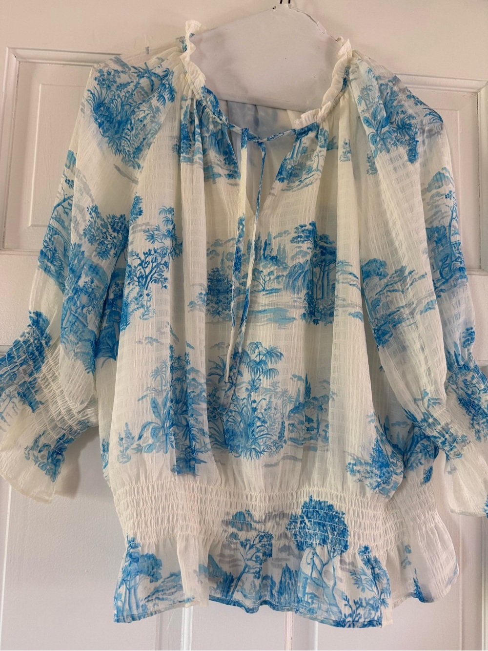 French Toile Style Blue/White Peasant Blouse, Sz PL, Tie Neck, Like New!